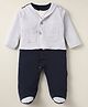 Kookie Kids Interlock Knit Full Sleeves Footed Sleep Suit With Color Block Design - Navy Blue