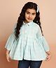 ISHTI Three Fourth Bell Sleeves Checked & Glitter Printed Shirt Style Top - Sky Blue