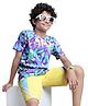 Ollington St. Cotton Half Sleeves Printed T-Shirt & Knit Shorts Set - Purple & Yellow