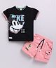 UNO KIDS Lycra Mickey & Friends Featuring Half Sleeves Character Printed Tee & Shorts Set - Black & Pink