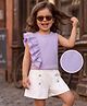 Mark & Mia Frill Sleeves Solid Color Top & Shorts Set with Button Detailing - Purple & White