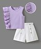 Mark & Mia Sleeveless Solid Color Top & Shorts Set with Button & Frill Detailing - Purple & White