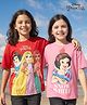 HoneyHap Disney Single Jersey Knit Half Drop Shoulder Sleeves Oversized T-Shirts with Disney Princess Graphics Pack of 2 - Red & Pink