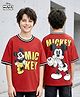 HoneyHap Disney Single Jersey Knit Half Drop Shoulder Sleeves Oversized T-Shirt with Front & Back Mickey Mouse Graphics - Red