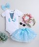 TINY MINY MEE Elastane Half Sleeves Bow Applique Detailed Onesie With Net Tutu Skirt & Headband Set - Blue
