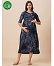 Inner Sense Organic Cotton Knit Three Fourth Sleeves Abstract Printed Maternity Dress With Side ZIpper Nursing Access - Flower Burst Navy Blue
