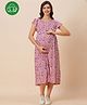 Inner Sense Organic Cotton Knit Half Flutter Sleeves Abstract Printed Maternity Dress With Side Zipper Nursing Access - Flower Burst Pink