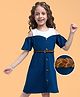 Hola Bonita Knit Half Cold Shoulder Sleeves Solid Color Dress - Navy Blue