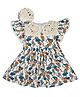 My Milestones Cotton Half Sleeves Frill Detailed Floral Printed Crochet Lace Embellished Dress - Beige