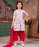 Aarika Three Fourth Sleeves Floral Printed Beads Embellished Kurta Salwar With Dupatta Set - Rani Pink & White