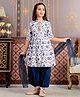 Aarika Three Fourth Sleeves Floral Printed Beads Embellished Kurta Salwar With Dupatta Set - Teal Blue & White
