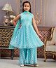 Aarika Georgette Sleeveless Leaves Printed Sequins & Beads Embellished Kurta Sharara With Dupatta Set - Sea Green
