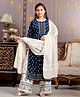 Aarika Rayon Three Fourth Sleeves Floral Printed Kurta Palazzo With Dupatta Set - Teal Blue & Off White