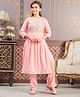 Aarika Cotton Three Fourth Sleeves Floral Embroidered Kurta Pant Set - Peach