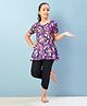 Aarika Half Sleeves Tropical Theme Printed Frock Style Swimsuit - Purple & Black