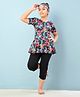 Aarika Half Sleeves Abstract Printed Frock Style Swimsuit - Black & Rani Pink