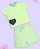 Kiddopanti Cotton Half Sleeves Heart & Floral Embroidered Tee & Shorts Set - Green & Pista Green