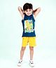 Kiddopanti Cotton Sleeveless Beach Theme Printed Tee & Short Set - Teal Blue & Mustard