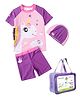 Little Surprise Box Spandex Half Sleeves Unicorn Printed Tee & Shorts With Cap & Bag Set - Purple