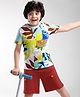 Ollington St. Cotton Half Sleeves T-Shirt & Knit Shorts with Abstract Print - Brown & Yellow
