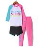 KIDLINGSS Full Sleeves Surf Text Printed Swim Top & Leggings With Shorts Set - Blue Pink & Black