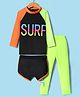 KIDLINGSS Full Sleeves Surf Text Printed Swim Top & Leggings With Shorts Set - Orange Green & Black