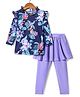 KIDLINGSS Full Sleeves Flower Printed Top & Leggings With Attached Skirt - Blue & Purple