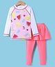 KIDLINGSS Full Sleeves Fruits Printed Top & Leggings With Attached Skirt - Pink