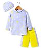 KIDLINGSS Full Sleeves Stars Printed Tee & Trunks With Cap Set - Grey & Yellow