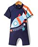 KIDLINGSS Half Raglan Sleeves Rocket Printed Legged Swimsuit - Navy Blue