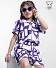 Ollington St. Cotton Co-Ord Set of Printed Half Sleeves Shirt Top & Knit Shorts - Purple & White
