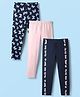 Kookie Kids Cotton Spandex Knit Full Length Solid & Butterfly Printed Leggings Pack of 3 - Navy Blue & Pink