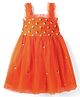 Kookie Kids Woven Sleeveless Net Party Frock With Floral Embroidery - Orange