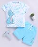 Little Ninja Cotton Half Sleeves Dinosaur Printed Tee & Shorts Set - Sky Blue