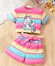 J&JP Cotton Half Sleeves Baby Unicorn Printed & Striped Coordinating Tee & Shorts Set - Multi Colour
