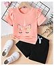 J&JP Cotton Half Sleeves Unicorn & Floral Printed Tee & Shorts Set - Peach & Black