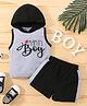 J&JP Cotton Sleeveless Mamas Boy Text Printed Hooded Tee & Shorts Set - Grey And Black