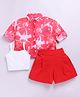 M'andy Full Sleeves Floral Printed Crop Shirt With Inner Vest & Shorts Set - Red