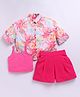 M'andy Full Sleeves Floral Printed Crop Shirt With Inner Vest & Shorts Set - Red