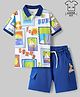 Ollington St. Cotton Knit Half Sleeves Beach Theme Printed Polo T-Shirt & Knit Shorts Set - White & Royal Blue