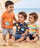 Babyhug 100% Cotton Knit Half Sleeves Front Open jhabla With Stripes & Animal Print Pack Of 3 - Orange Navy Blue & Yellow