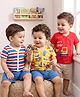 Babyhug 100% Cotton Interlock Knit Front Open Half Sleeves jhablas With Stripes & Vehicle Print Pack Of 3 - Red Blue & Yellow