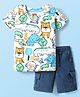 Babyhug Single Jersey Knit Half Sleeves T-Shirt & Denim Shorts Set With Animal Print - White & Blue