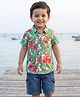 Babyhug Rayon Woven Half Sleeves Shirt & Denim Shorts Set with Tropical Theme Print - Blue