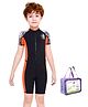 Little Surprise Box Spandex Half Sleeves Leaves Printed Swimsuit - Orange & Black