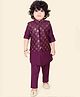 little desi Silk Woven Full Sleeves Solid Kurta Pyjama With Check Sequins Embellished & Threadwork Embroidered Jacket Set - Wine