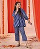 Neudis Pure Cotton Three Fourth Puffed Sleeves Leaves Printed Kurta With Coordinating Pant Set - Navy Blue