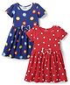 Honeyhap Premium Cotton Knit Half Sleeves Hearts & Floral Printed Frocks With Bow Applique Pack of 2 - Navy Peony & High Risk Red