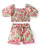Lil' Drama Viscose Half Sleeves Floral Printed Smocked Top & Coordinating Shorts Set - Green