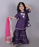 Lil' Drama Half Sleeves Floral Embroidered & Gota Lace Embellished Kurta & Sharara With Dupatta Set - Purple